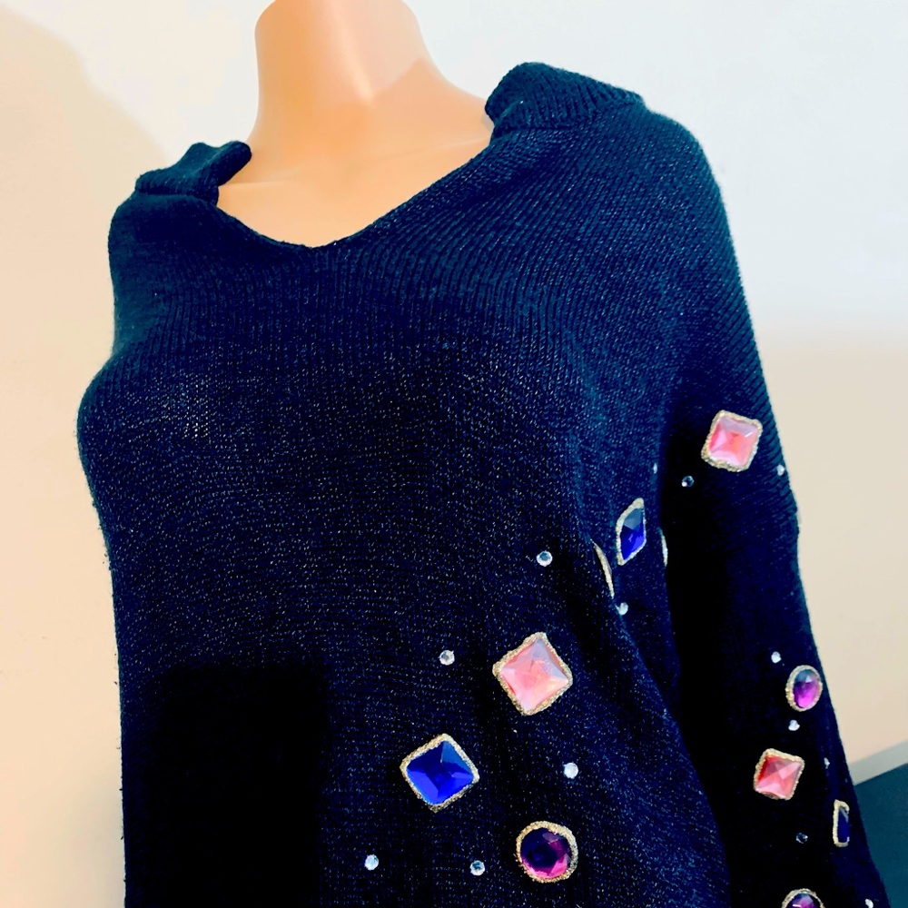 Vintage HAND-LOOMED Dressy Sweater,SLENDERIZING Black with Large Sparkling Gems!
